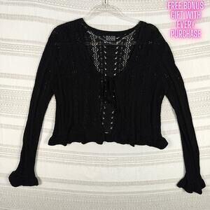 Major Label Black Cropped Tie Front Cardigan Sweater Size L NEW